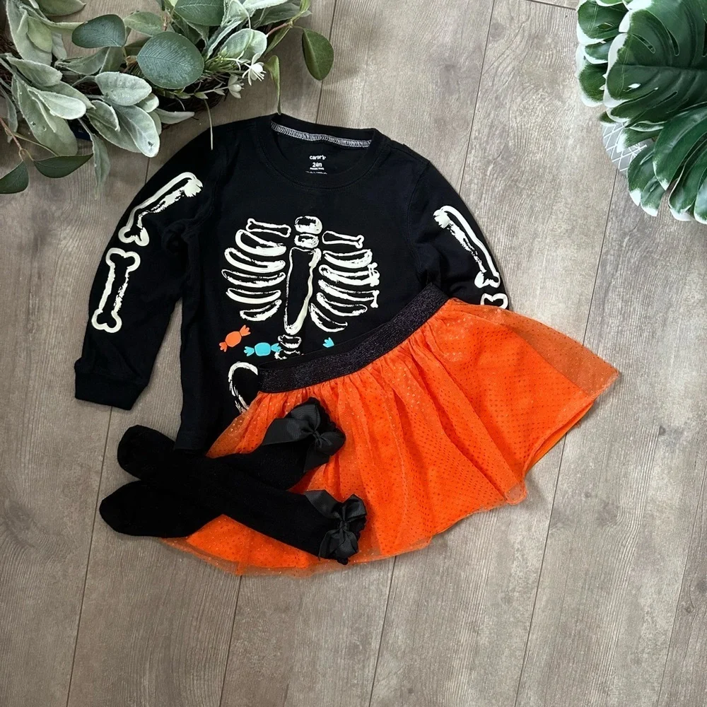 Halloween Glow in the Dark Top, Tutu Skirt, Knee High Socks 3-Piece Outfit Set